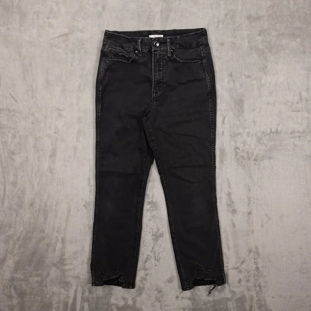Good American Jeans Good Straight Distressed Hems Women's 6/28 Black‎ Denim